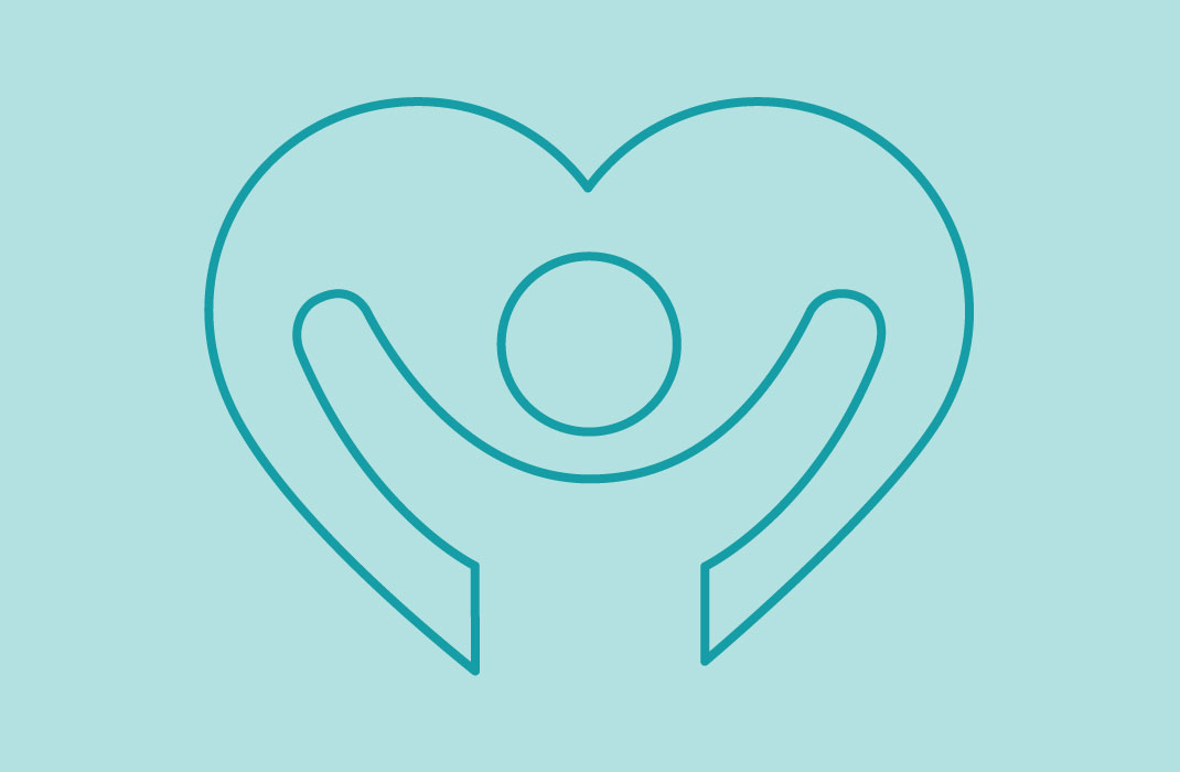 line illustration of two hands lifting up a heart with the health cross sign on it