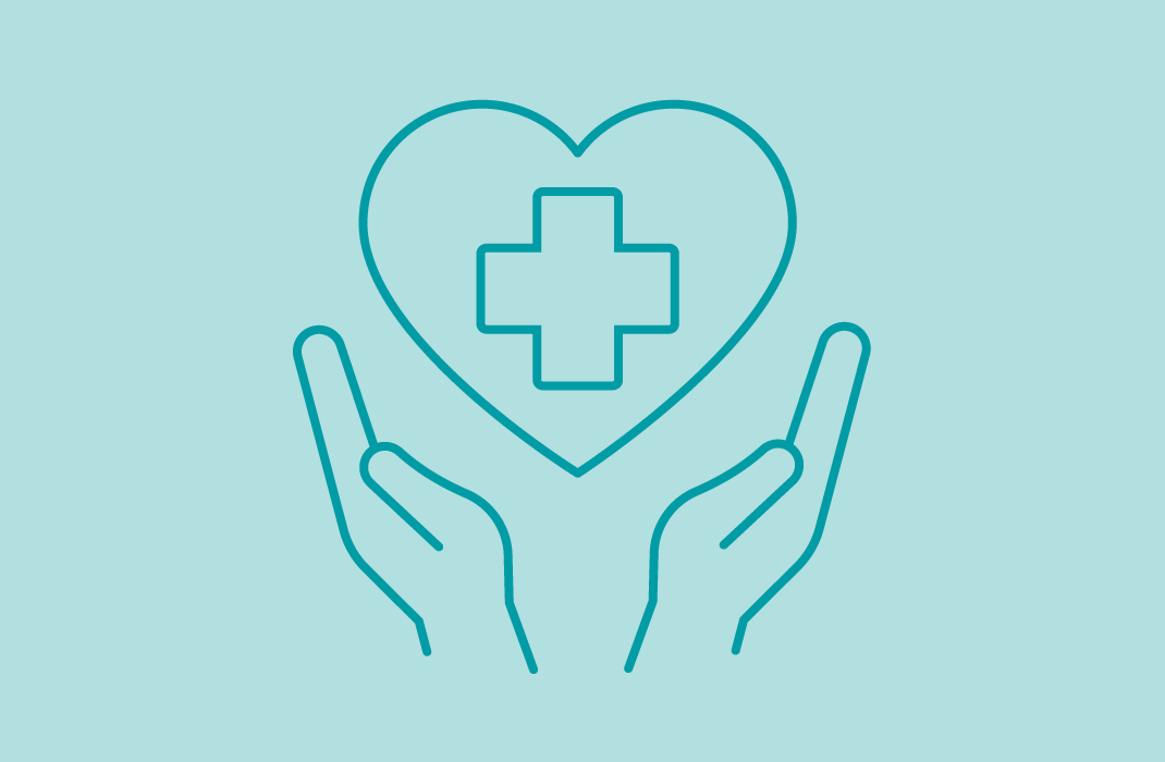 graphic of hands around a heart with a medical symbo inside